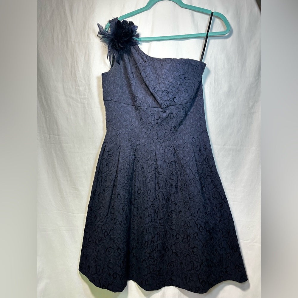 David Meister One-Shoulder Navy Blue Dress with Floral Feather Accent